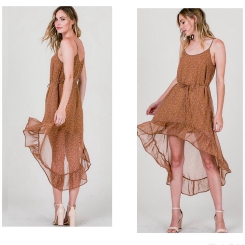 Cozy Casual brown floral sleeveless adjustable hi-low dress Small NWT